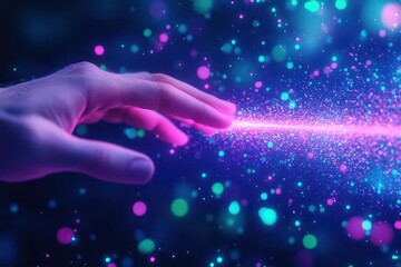 Poster - A Delicate Hand Gracefully Reaches for a Shimmering Pink Sparkle Surrounded by an Ethereal Glow Evoking Wonder and Enchantment in a Dreamlike Scene
