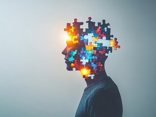Poster - Human Figure Contemplating Life Choices with Colorful Puzzle Pieces Symbolizing Complexity and Intricacies of Thought and Decision Making in Modern Society