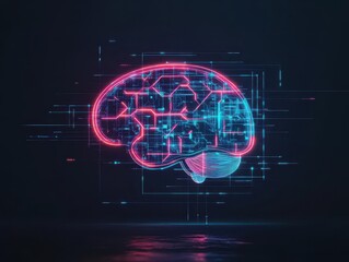 Fototapete - Vibrant Neon Brain Illuminated in Blue and Red Light Creating an Intriguing Visual Representation of Intelligence and Creativity in Abstract Art Style