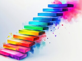 Poster - Vibrant and Colorful Stairs Adorned with Watercolor Paint Creating a Whimsical and Artistic Atmosphere in a Brightly Lit Urban Environment