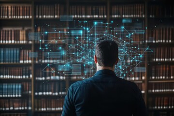 Poster - Focused Man Engaging with Digital Interface Surrounded by Books in a Library Creating an Atmosphere of Knowledge and Modern Technology Exploration