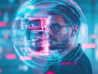 Poster - A man wearing a sleek futuristic suit stands confidently before an advanced digital interface showcasing vibrant holographic displays and technology
