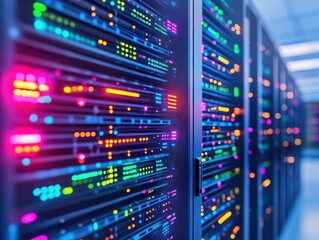 Poster - A Modern Data Center with Rows of High-Performance Servers Illuminated by Soft Blue Lights Creating a Futuristic and Efficient Technology Environment