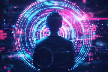 Poster - A Man Standing in a Vibrant Futuristic City Surrounded by Bright Neon Lights and Modern Architecture Evoking a Sense of Wonder and Adventure