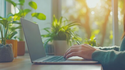 Fototapete - Focused woman using laptop computer at modern workspace with warm ambient light creating an atmosphere of productivity and creativity in the room