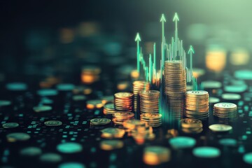 Poster - A Stack of Coins on a Surface with a Rising Financial Chart in the Background Symbolizing Growth Prosperity Investment and Economic Success