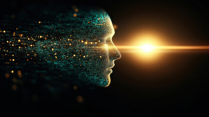 Poster - mesmerizing abstract background featuring digital face composed of glowing particles and light beams, evoking sense of wonder