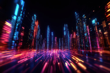 Poster - Vibrant abstract background showcasing futuristic cityscape with glowing lights and dynamic movement creating energetic