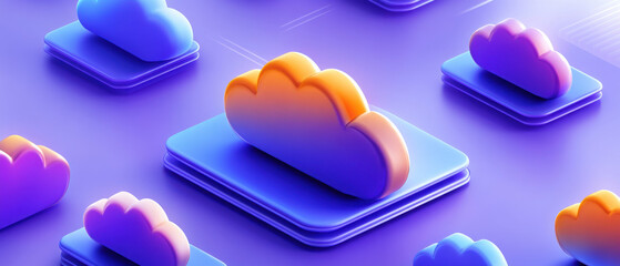 Poster - Colorful abstract background featuring stylized cloud icons on layered squares creating vibrant digital atmosphere
