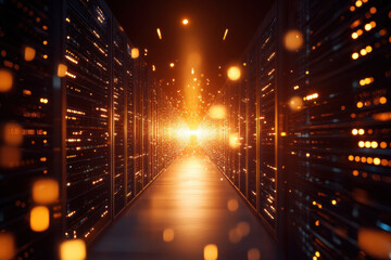 Poster - vibrant abstract background showcases corridor filled with glowing lights and data servers, creating futuristic atmosphere