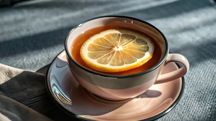 Wall Mural - tea with lemon in a beautiful porcelain cup on the table in the rays of light