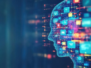 Fototapete - A person's head illuminated by a vibrant digital interface symbolizing technology and innovation in a modern and futuristic environment