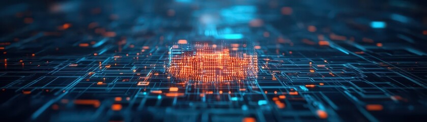 Fototapete - Futuristic Computer Circuit Board with Vibrant Glowing Orange and Blue Lights Showcasing Advanced Technology and Innovation in a Digital Environment
