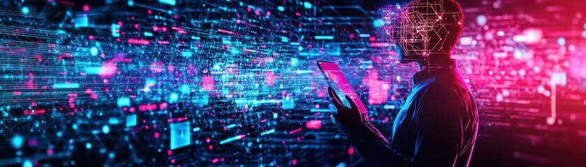 Poster - Futuristic Woman in Sleek High-Tech Suit Gazing at Interactive Digital Display in a Modern Urban Environment with a Sense of Wonder and Innovation
