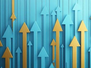 Poster - Vibrant Blue Background with Striking Gold Arrows Creating a Dynamic Visual Contrast and Evoking a Sense of Direction and Energy in Modern Design