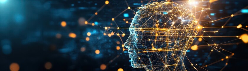 Poster - A Human Head Adorned with Glowing Lines and Dots Illustrating Technological Connection and Modernity in a Futuristic Digital Landscape