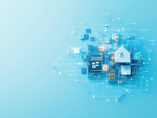 Poster - Charming Blue Background Featuring a Cozy House Surrounded by Diverse Architectural Buildings Evoking a Peaceful Urban Neighborhood Atmosphere