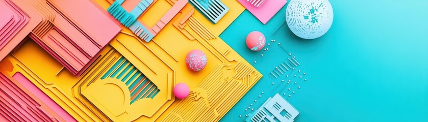 Poster - Vibrant Colorful Wall Adorned with Intricate Paper Cut Shapes Creating a Playful and Artistic Atmosphere in an Inspiring Creative Space for All