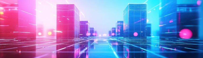 Poster - Futuristic Cityscape Illuminated by Vibrant Neon Lights at Night with Skyscrapers and a Dynamic Urban Atmosphere Creating an Energetic Modern Vibe