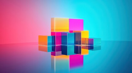Poster - Vibrant Colorful Cube Reflecting on a Polished Surface Creating an Engaging Visual Contrast and Abstract Aesthetic with Dynamic Light and Shadow Play
