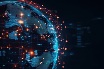 Poster - Intricate Global Network Visualization Featuring Dots and Lines Symbolizing Connections Across Continents in a Modern Digital Style with Vibrant Colors
