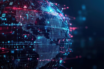 Poster - Illuminated Globe Surrounded by Intricate Network of Lines and Dots Representing Global Connectivity and Technological Interactions in Modern Society