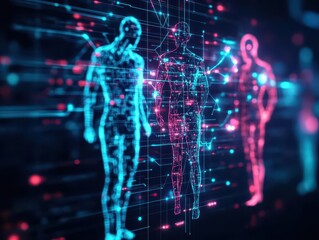 Fototapete - Futuristic Interface Displaying Advanced Technology Concepts with Man and Woman Engaged in Interactive Digital Experience in Modern Environment