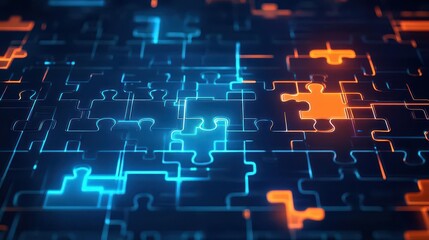 Poster - Isolated Puzzle Piece Centered Against a Striking Dark Blue and Vibrant Orange Background Evoking Mystery and Intrigue in a Creative Context