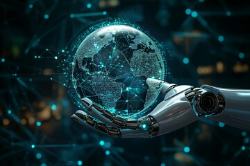 Poster - Robotic arm holding a digital globe with interconnected network lines in a futuristic scene