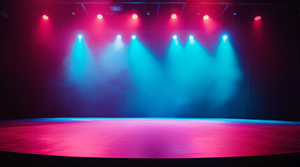 Poster - A stage illuminated with blue and pink lights creating a vibrant and colorful atmosphere on the floor