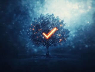 Poster - Heart Shaped Tree with Glowing Arrow in Center Symbolizing Love and Hope Surrounded by Lush Greenery and Soft Natural Lighting Creating a Dreamy Atmosphere