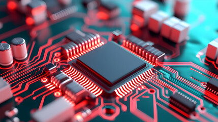 Poster - Close Up Detailed View of Red and Green Illuminated Circuit Board with Central Processor