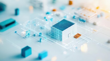 Poster - Intricate 3D Rendering of a Modern House Featuring a Unique Blueprinted Roof Design Surrounded by Lush Greenery and a Clear Blue Sky Above
