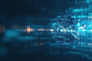 Fototapete - Futuristic Sphere Enveloped in Glowing Binary Code Representing Digital Technology and Innovation Against a Dark Background Evoking a Mysterious Atmosphere