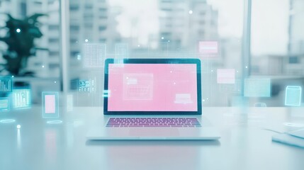 Poster - Modern Laptop with Vibrant Pink Screen Placed on Minimalist Table Creating a Bright and Inviting Workspace Atmosphere for Creative Productivity