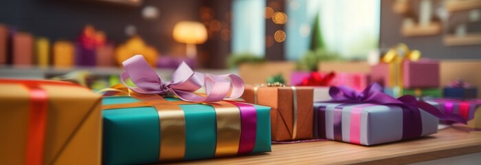 colorful array of wrapped gifts with ribbons on a wooden table in a festive setting.