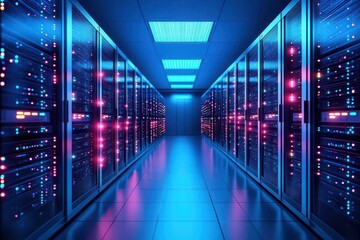 Poster - Expansive Data Center Hallway Featuring Rows of Servers with Soft Ambient Lighting Creating a High-Tech Atmosphere of Innovation and Modernity