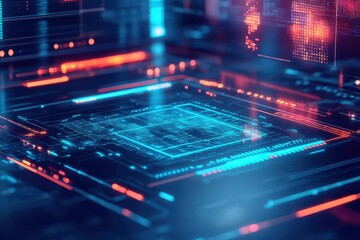 Fototapete - Intricate Computer Chip Design Against a Vivid Blue and Red Background Highlighting Modern Technology and Innovation in Digital Electronics Environment