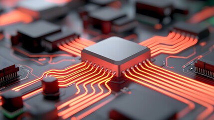 Poster - Close Up of Circuit Board with Glowing Red Wires and Central Processor