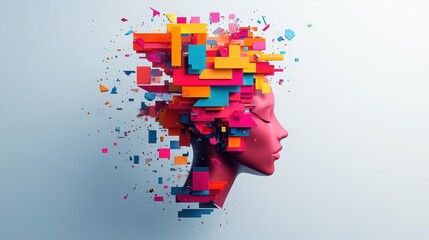 Poster - A Vibrant Portrait of a Woman Surrounded by Bright Colorful Geometric Shapes Creating an Artistic and Playful Atmosphere of Creative Expression