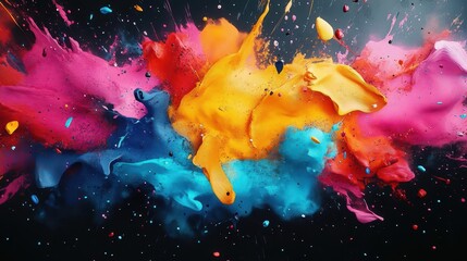 Poster - Vivid Colorful Paint Splashes Creating Abstract Artistic Patterns on Deep Black Background Evoking Creativity Energy and Dynamic Expression in Artistry