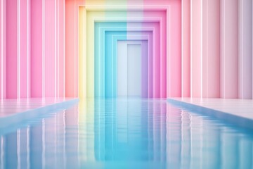 Poster - Vibrant Long Corridor Adorned with Rainbow Colored Wallpaper Creating an Energetic and Playful Atmosphere Inviting Exploration and Curiosity