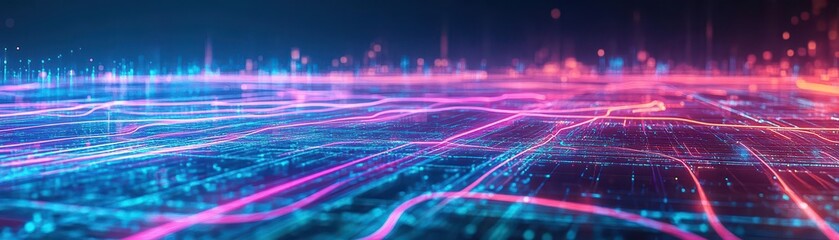 Poster - Futuristic Digital Circuitry Illuminated by Vibrant Neon Lights Creating a High-Tech Atmosphere with a Sense of Innovation and Modernity in Design