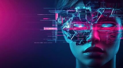 Poster - Futuristic Portrait of a Woman with High-Tech Cyber Interface Merging Beauty and Technology in a Sci-Fi Inspired Digital Atmosphere and Aesthetic