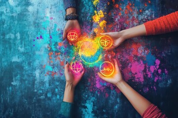 Poster - Two Hands Gracefully Holding a Vibrant Colorful Ball Adorned with Intricate Symbols in a Lively and Dynamic Display of Color and Creativity