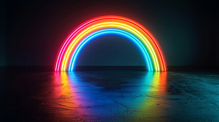 Poster - Glowing neon rainbow arch reflecting on a glossy surface against a dark background in a studio setting