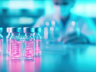Poster - Focused Scientist in Laboratory Conducting Experiments with Vials Surrounded by Scientific Equipment and Glassware Creating an Atmosphere of Discovery
