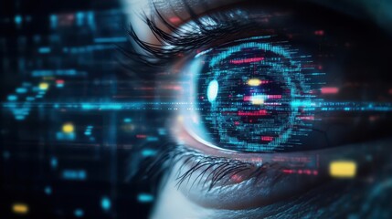 Fototapete - Close Up of an Eye Surrounded by a Futuristic Digital Interface Creating a Mysterious and Intriguing Atmosphere of Technology and Perception