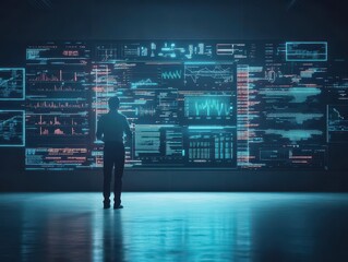 Fototapete - A Thoughtful Man Contemplating Data Insights While Standing Before a Wall of Complex Digital Displays in a Modern Technology Environment