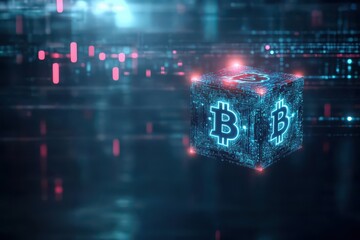 Poster - A Modern Three Dimensional Cube Featuring a Prominent Bitcoin Symbol Illuminated with Soft Light Against a Minimalist Background Evoking Innovation and Technology